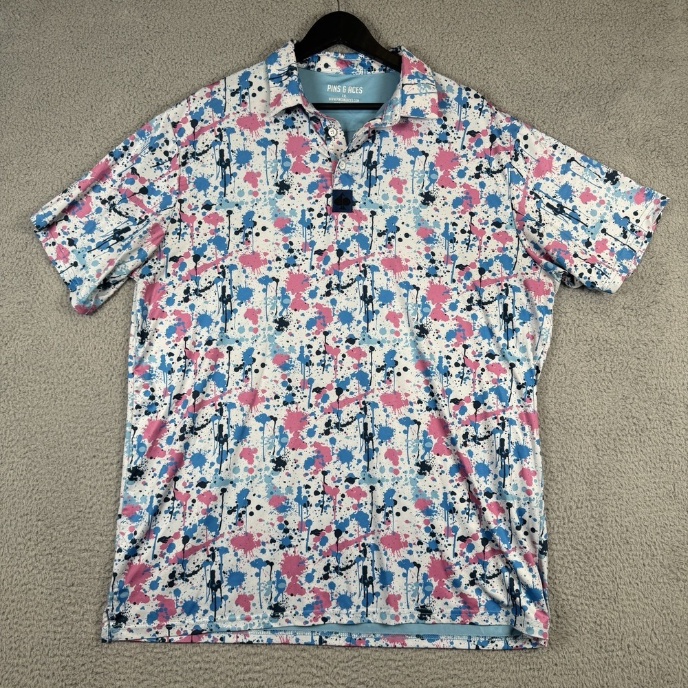 Pins And Aces Polo Mens XXL White Paint Splatter Golf Performance Stretch Shirt